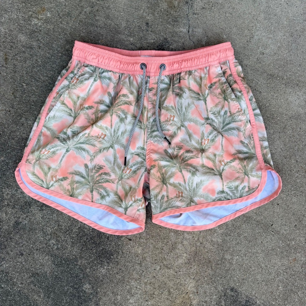 Maamgic Mens Tropical Palm Tree Swim Trunks Peach Pink Board Shorts Small 3 Inch